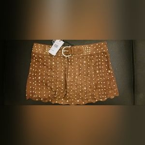 Retrofete brown leather mini skirt with gold studs